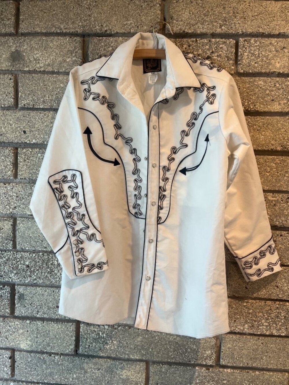 Vintage Mexican Charro Embroidered Western Button-Up Shirt White With Black Deta